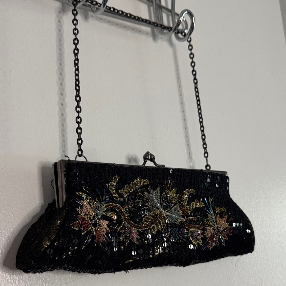 White House Black Market Black Sequin Floral Chain Clutch - Picture 3 of 5